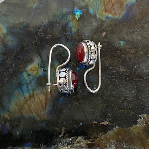 Sterling Silver 925 Oval Bezel Set Garnet Cabochon Dangle Drop Earrings - Picture 12 of 16